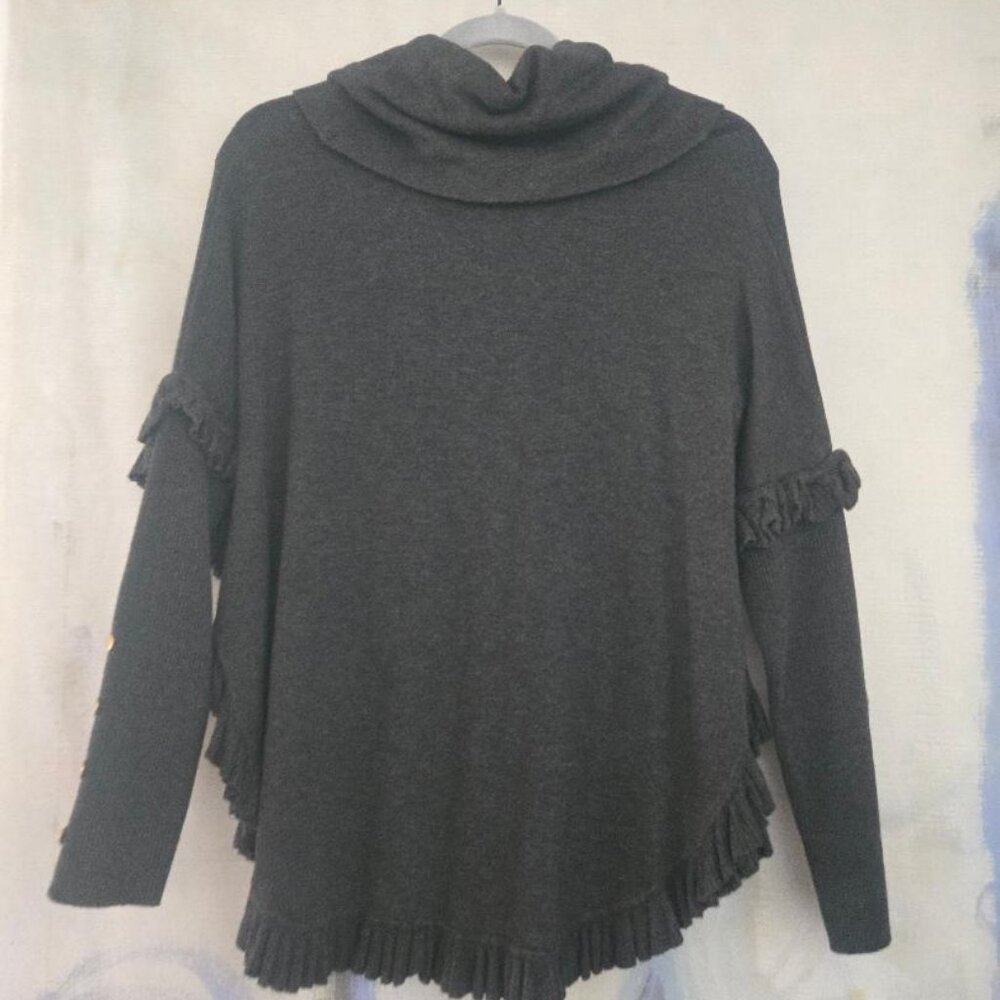 Joseph A Poncho Sweater in Gray Cowl Neck Ruffled Hem.